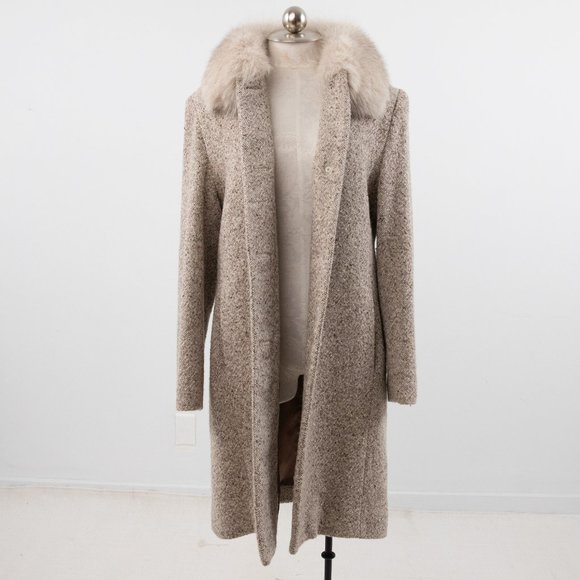 Vintage 90s M/L Fox Fur Collar Tweed Coat Tan - Picture 2 of 15